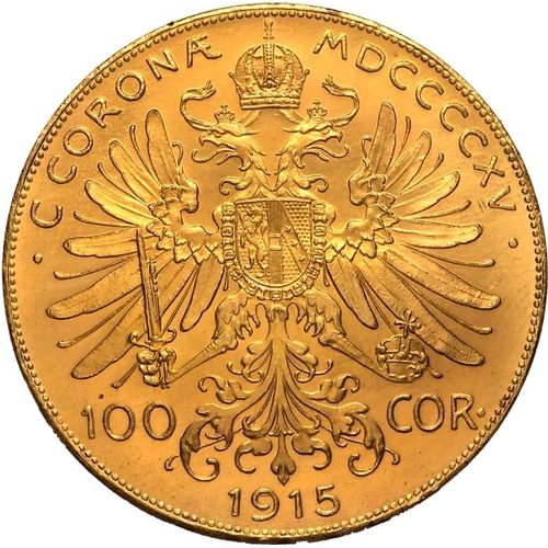 10 - AUSTRIA. HABSBURG. Franz Joseph I. Gold 100 corona, 1915. Vienna. Bared headed portrait facing right... 