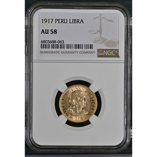 100 - PERU. Gold 1 libra, 1917. Lima. Wreath around coat of arms with legend around, date below; "REP... 