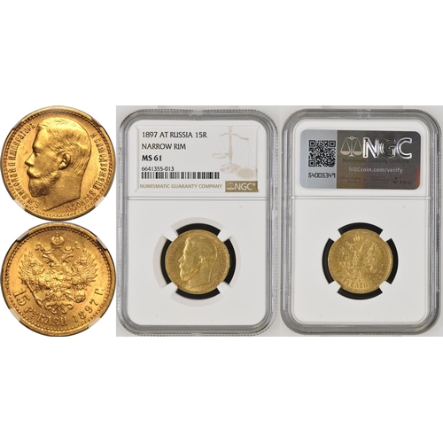 107 - RUSSIA. EMPIRE. Nicholas II, 1894-1917. Gold 15 rubles, 1897. St. Petersburg. Nikolai II. Head left;... 