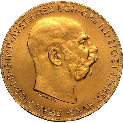 11 - AUSTRIA. HABSBURG. Franz Joseph I. Gold 100 corona, 1915. Vienna. Bared headed portrait facing right... 