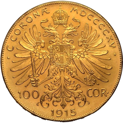 11 - AUSTRIA. HABSBURG. Franz Joseph I. Gold 100 corona, 1915. Vienna. Bared headed portrait facing right... 