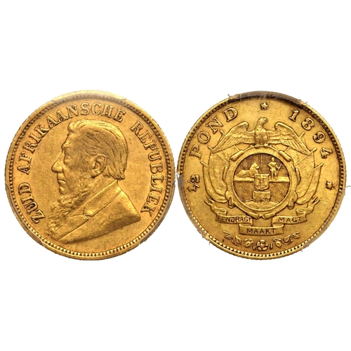 111 - SOUTH AFRICA. Paul Kruger, president, 1883-1900. Gold 1/2 pond, 1894. Pretoria. single shaft. Bust o... 