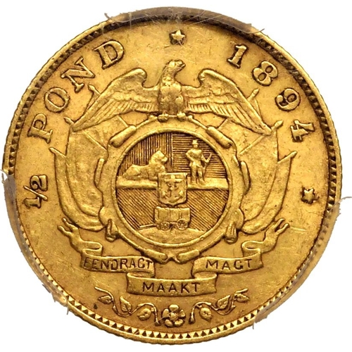 111 - SOUTH AFRICA. Paul Kruger, president, 1883-1900. Gold 1/2 pond, 1894. Pretoria. single shaft. Bust o... 