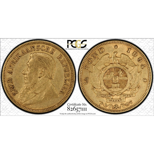 111 - SOUTH AFRICA. Paul Kruger, president, 1883-1900. Gold 1/2 pond, 1894. Pretoria. single shaft. Bust o... 