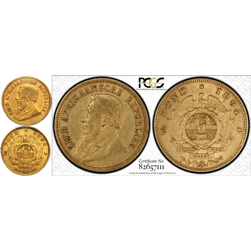 111 - SOUTH AFRICA. Paul Kruger, president, 1883-1900. Gold 1/2 pond, 1894. Pretoria. single shaft. Bust o... 