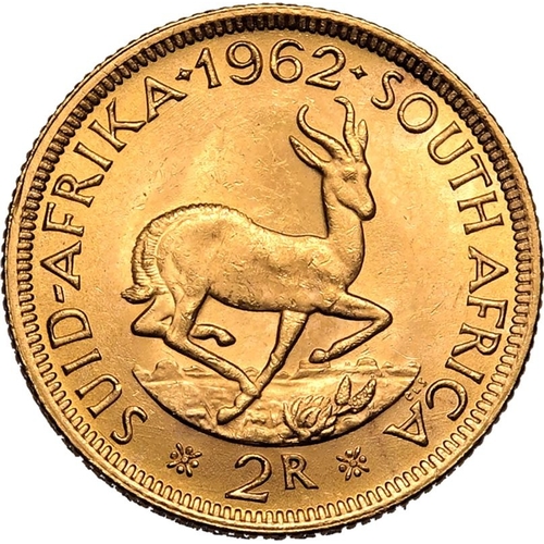 114 - SOUTH AFRICA. Gold 2 rand, 1962. Pretoria. Obv: UNITY IS STRENGTH * EENDRAG MAAK MAG *, Portrait of ... 