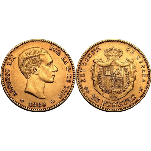 115 - SPAIN. Alfonso XII, 1874-1885. Gold 25 pesetas, 1880 MSM. Madrid. Alfonso XII. Young head right, dat... 