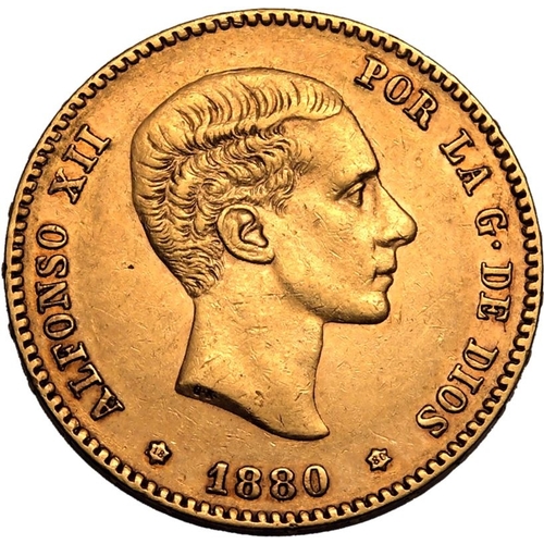 115 - SPAIN. Alfonso XII, 1874-1885. Gold 25 pesetas, 1880 MSM. Madrid. Alfonso XII. Young head right, dat... 