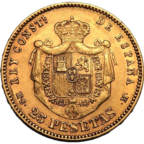 115 - SPAIN. Alfonso XII, 1874-1885. Gold 25 pesetas, 1880 MSM. Madrid. Alfonso XII. Young head right, dat... 