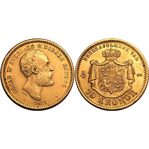 116 - SWEDEN. Oscar II, 1872-1907. Gold 10 kronor, 1873 ST. Bare head facing right, date below with stars ... 