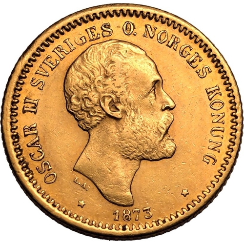 116 - SWEDEN. Oscar II, 1872-1907. Gold 10 kronor, 1873 ST. Bare head facing right, date below with stars ... 