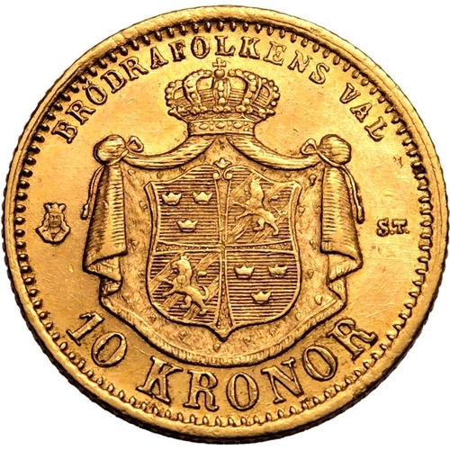 116 - SWEDEN. Oscar II, 1872-1907. Gold 10 kronor, 1873 ST. Bare head facing right, date below with stars ... 