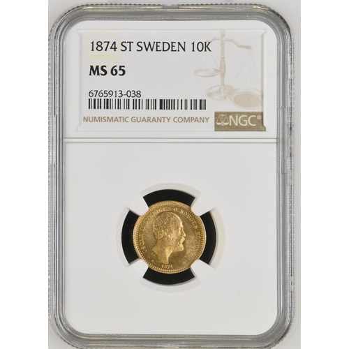 117 - SWEDEN. Oscar II, 1872-1907. Gold 10 kronor, 1874 ST. Stockholm. Bare head facing right, date below ... 