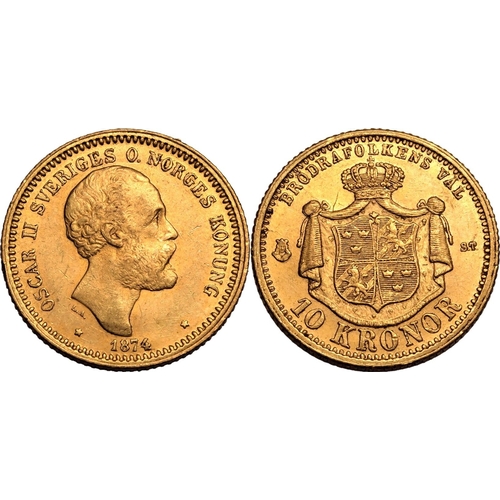 118 - SWEDEN. Oscar II, 1872-1907. Gold 10 kronor, 1874 ST. Stockholm. Bare head facing right, date below ... 