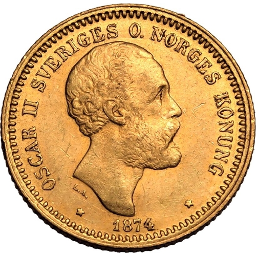 118 - SWEDEN. Oscar II, 1872-1907. Gold 10 kronor, 1874 ST. Stockholm. Bare head facing right, date below ... 