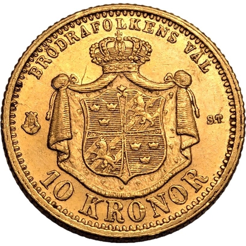 118 - SWEDEN. Oscar II, 1872-1907. Gold 10 kronor, 1874 ST. Stockholm. Bare head facing right, date below ... 