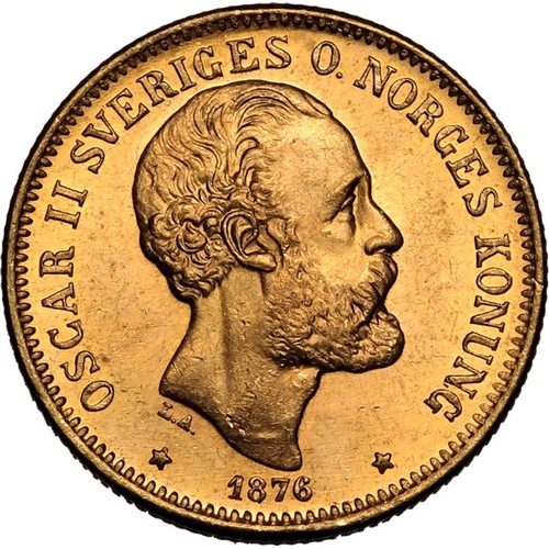 119 - SWEDEN. Oscar II, 1872-1907. Gold 20 kronor, 1876 EB. Stockholm. Second bare head facing right, engr... 