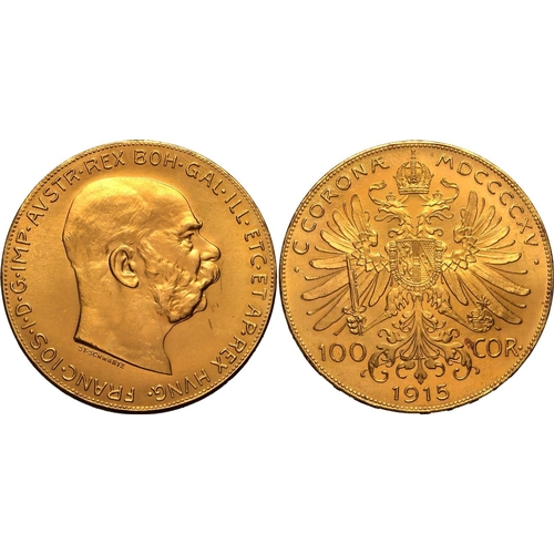 12 - AUSTRIA. HABSBURG. Franz Joseph I. Gold 100 corona, 1915. Vienna. Bared headed portrait facing right... 