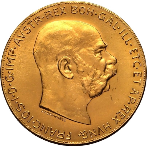 12 - AUSTRIA. HABSBURG. Franz Joseph I. Gold 100 corona, 1915. Vienna. Bared headed portrait facing right... 