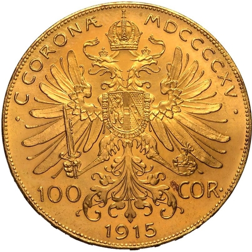 12 - AUSTRIA. HABSBURG. Franz Joseph I. Gold 100 corona, 1915. Vienna. Bared headed portrait facing right... 