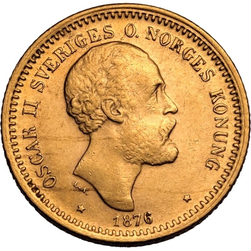 120 - SWEDEN. Oscar II, 1872-1907. Gold 10 kronor, 1876 ST. Bare head facing right, date below with stars ... 