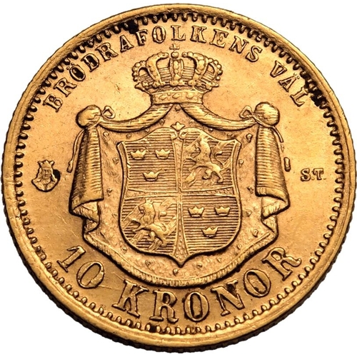 120 - SWEDEN. Oscar II, 1872-1907. Gold 10 kronor, 1876 ST. Bare head facing right, date below with stars ... 