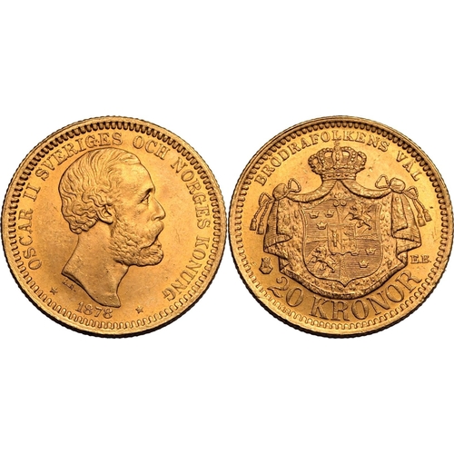 121 - SWEDEN. Oscar II, 1872-1907. Gold 20 kronor, 1878 EB. Third bare head facing right, engraver's initi... 