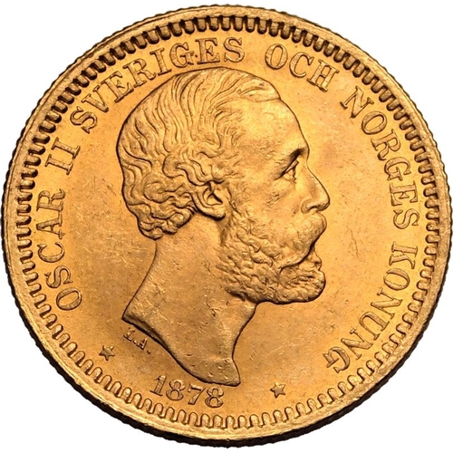 121 - SWEDEN. Oscar II, 1872-1907. Gold 20 kronor, 1878 EB. Third bare head facing right, engraver's initi... 