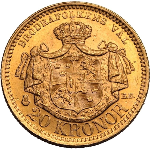 121 - SWEDEN. Oscar II, 1872-1907. Gold 20 kronor, 1878 EB. Third bare head facing right, engraver's initi... 