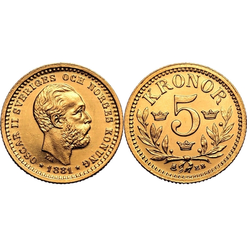 122 - SWEDEN. Oscar II, 1872-1907. Gold 5 kronor, 1881 EB. Stockholm. Bare head facing right, date and sta... 