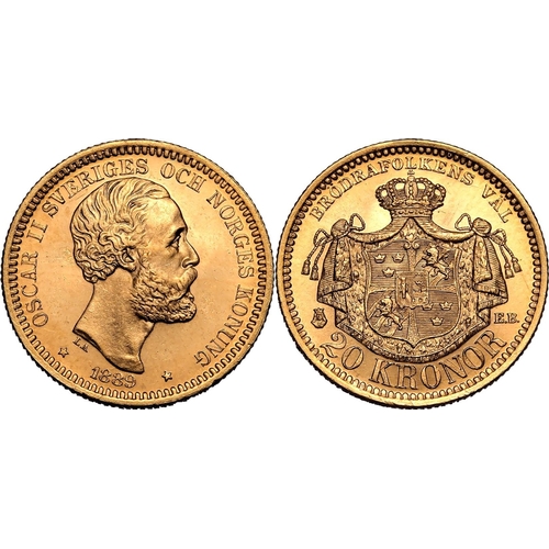 124 - SWEDEN. Oscar II, 1872-1907. Gold 20 kronor, 1884 EB. Stockholm. Third bare head facing right, engra... 