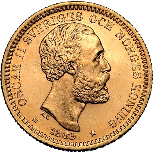 124 - SWEDEN. Oscar II, 1872-1907. Gold 20 kronor, 1884 EB. Stockholm. Third bare head facing right, engra... 