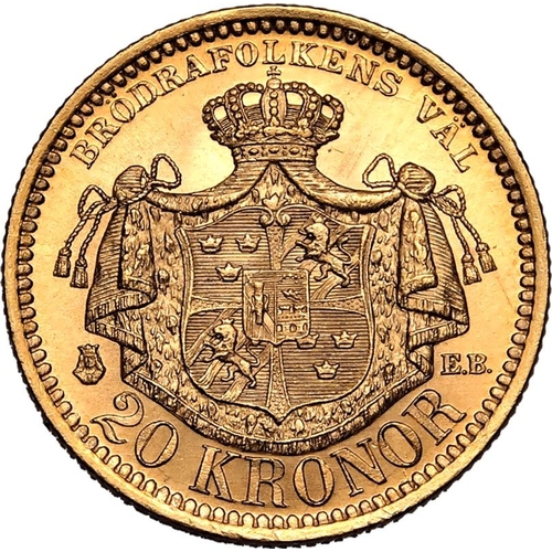 124 - SWEDEN. Oscar II, 1872-1907. Gold 20 kronor, 1884 EB. Stockholm. Third bare head facing right, engra... 