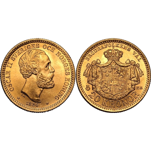 125 - SWEDEN. Oscar II, 1872-1907. Gold 20 kronor, 1886 EB. Stockholm. Third bare head facing right, engra... 