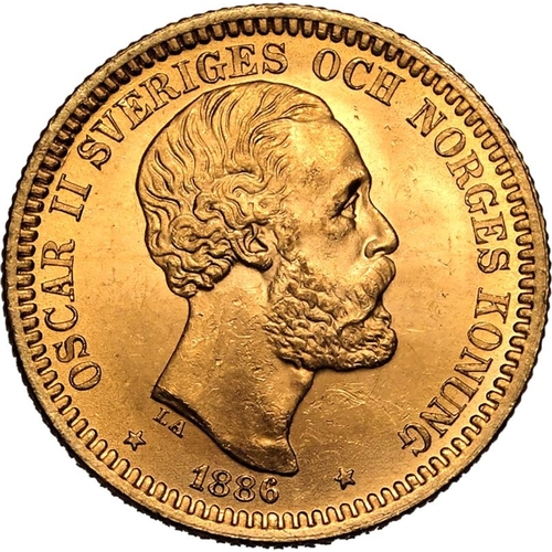 125 - SWEDEN. Oscar II, 1872-1907. Gold 20 kronor, 1886 EB. Stockholm. Third bare head facing right, engra... 