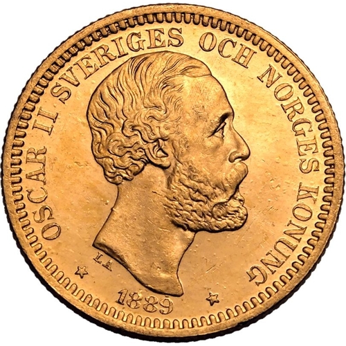 126 - SWEDEN. Oscar II, 1872-1907. Gold 20 kronor, 1889 EB. Stockholm. Third bare head facing right, engra... 