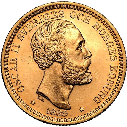 127 - SWEDEN. Oscar II, 1872-1907. Gold 20 kronor, 1889 EB. Stockholm. Third bare head facing right, engra... 