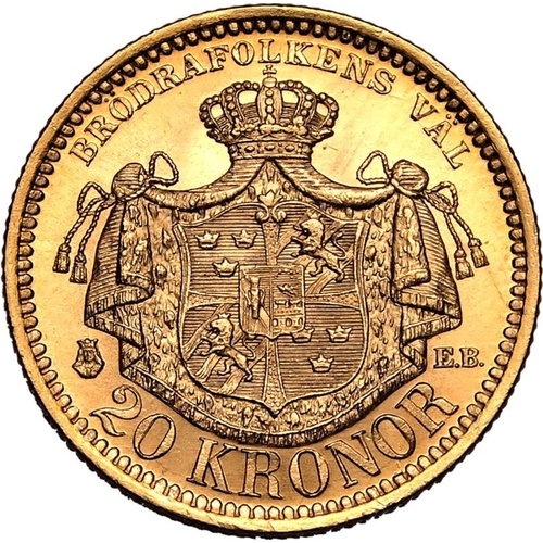 127 - SWEDEN. Oscar II, 1872-1907. Gold 20 kronor, 1889 EB. Stockholm. Third bare head facing right, engra... 