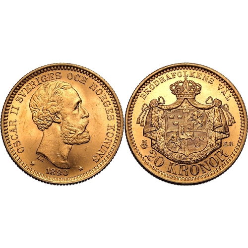 128 - SWEDEN. Oscar II, 1872-1907. Gold 20 kronor, 1890 EB. Stockholm. Third bare head facing right, engra... 