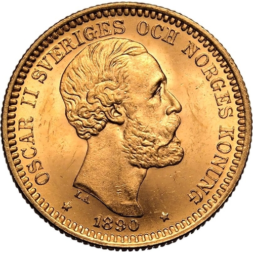 128 - SWEDEN. Oscar II, 1872-1907. Gold 20 kronor, 1890 EB. Stockholm. Third bare head facing right, engra... 