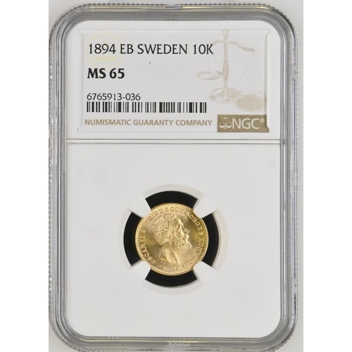 129 - SWEDEN. Oscar II, 1872-1907. Gold 10 kronor, 1894 EB. Bare head facing right, date below with stars ... 