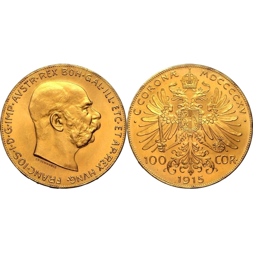 13 - AUSTRIA. HABSBURG. Franz Joseph I. Gold 100 corona, 1915. Vienna. Bared headed portrait facing right... 