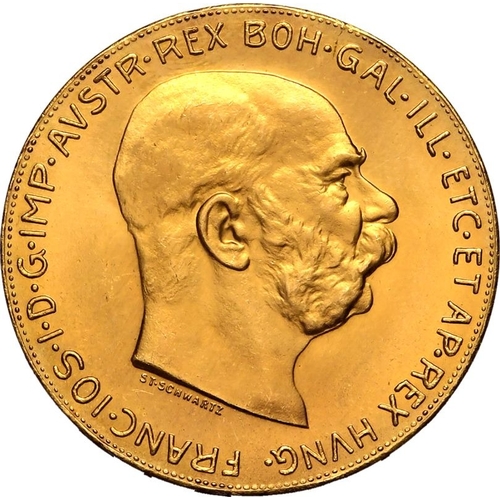 13 - AUSTRIA. HABSBURG. Franz Joseph I. Gold 100 corona, 1915. Vienna. Bared headed portrait facing right... 