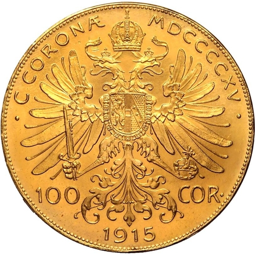 13 - AUSTRIA. HABSBURG. Franz Joseph I. Gold 100 corona, 1915. Vienna. Bared headed portrait facing right... 