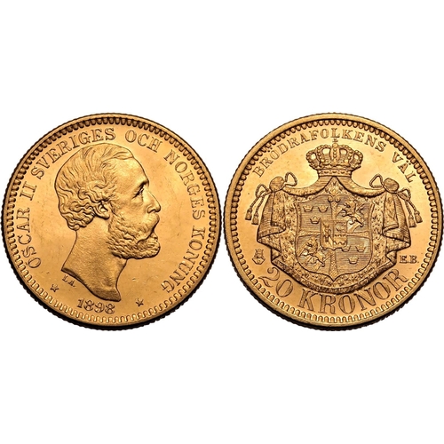 130 - SWEDEN. Oscar II, 1872-1907. Gold 20 kronor, 1898 EB. Stockholm. Third bare head facing right, engra... 