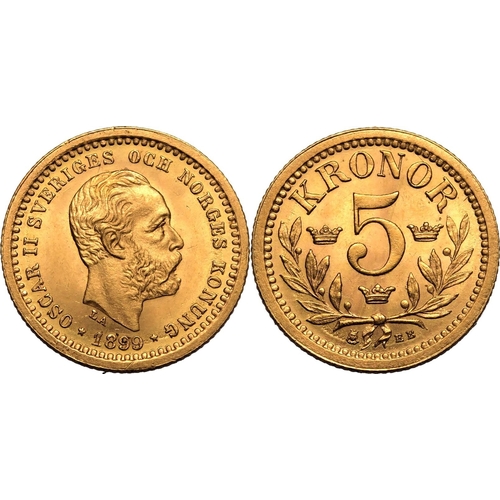 131 - SWEDEN. Oscar II, 1872-1907. Gold 5 kronor, 1899 EB. Stockholm. Bare head facing right, date and sta... 