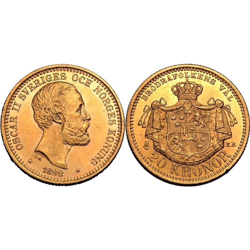 132 - SWEDEN. Oscar II, 1872-1907. Gold 20 kronor, 1899 EB. Stockholm. Third bare head facing right, engra... 