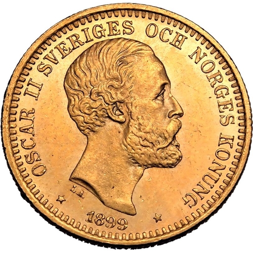 132 - SWEDEN. Oscar II, 1872-1907. Gold 20 kronor, 1899 EB. Stockholm. Third bare head facing right, engra... 