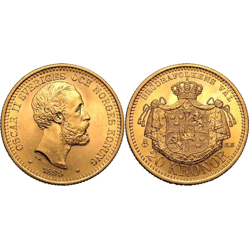 133 - SWEDEN. Oscar II, 1872-1907. Gold 20 kronor, 1899 EB. Stockholm. Third bare head facing right, engra... 