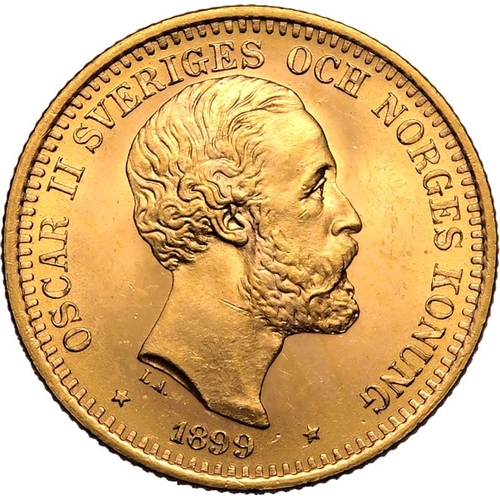 133 - SWEDEN. Oscar II, 1872-1907. Gold 20 kronor, 1899 EB. Stockholm. Third bare head facing right, engra... 